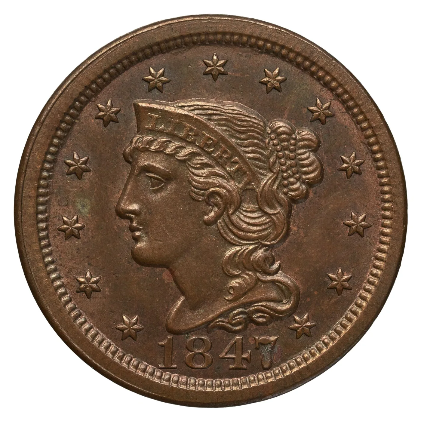 Obverse of an 1847 Braided Hair cent, Liberty facing left in a coronet lettered LIBERTY with the hair plaited behind and held by a beaded cord