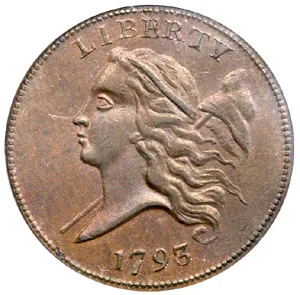 Obverse of a 1793 Liberty Cap half cent showing Liberty facing left with the cap on a pole and the date 1793 below