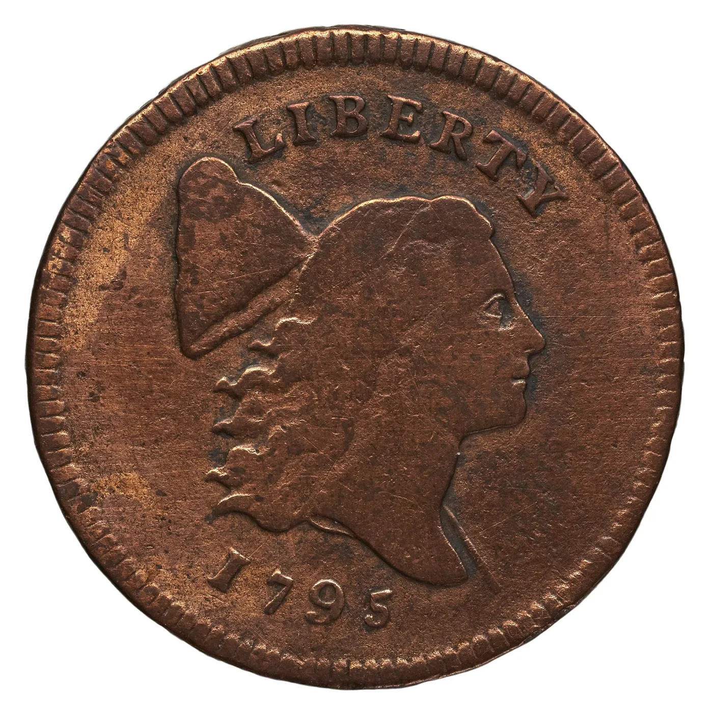 Obverse of a 1795 Liberty Cap half cent, Liberty facing right with the cap at upper left, LIBERTY above and the date 1795 below