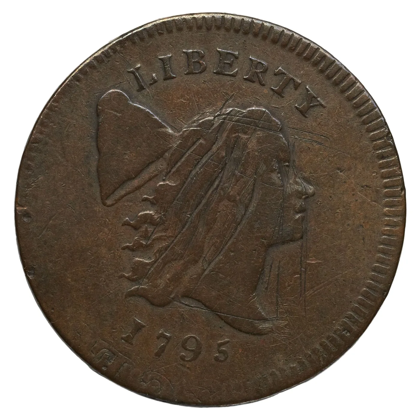 Obverse of a heavily scratched 1795 Liberty Cap half cent, the field and portrait covered in fine hairlines that obscure the area behind the neck below the cap