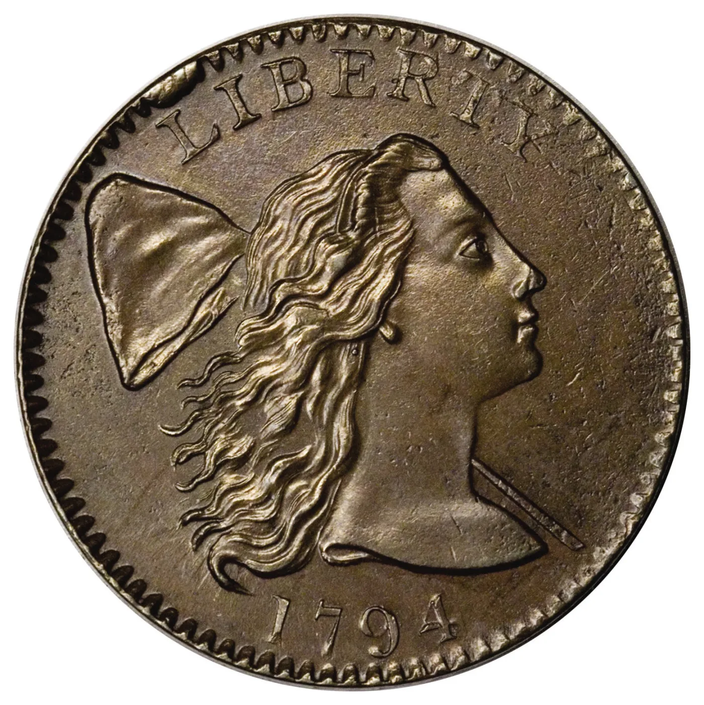 Obverse of a 1794 Liberty Cap large cent, a soft cap on a pole behind Liberty's head, LIBERTY above and the date 1794 below