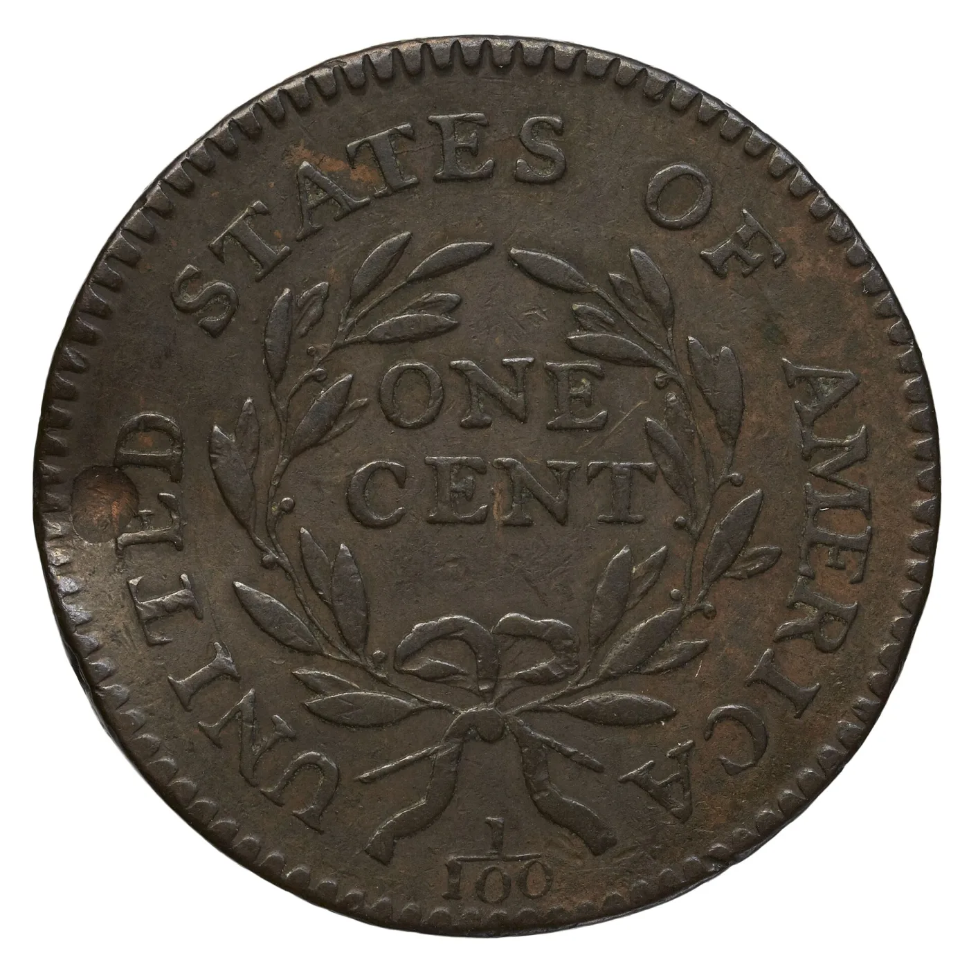 Reverse of a 1795 Liberty Cap large cent with a crisp open wreath, sharp ONE CENT and a fully legible 1/100 fraction below the bow