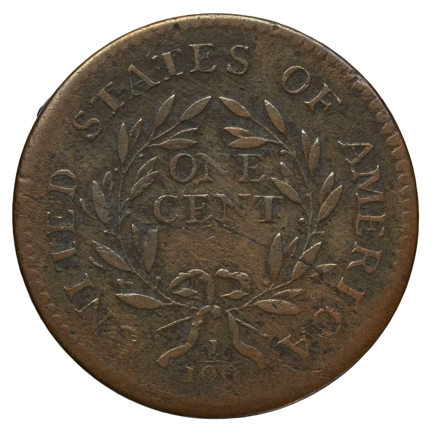 Reverse of a heavily worn 1795 Liberty Cap large cent, wreath leaves merged into the branch, legend faint at the left and the fraction nearly smooth