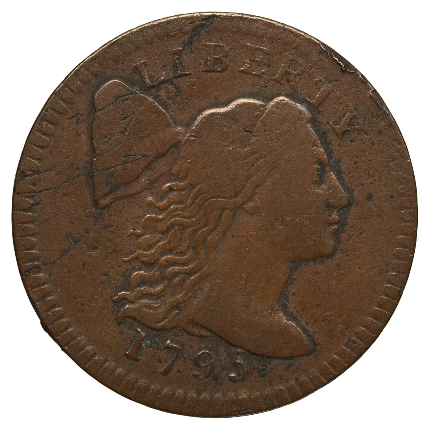 Obverse of a heavily worn 1795 Liberty Cap large cent, the hair flattened into a mass, the cap smoothed over and the fields rough and pitted