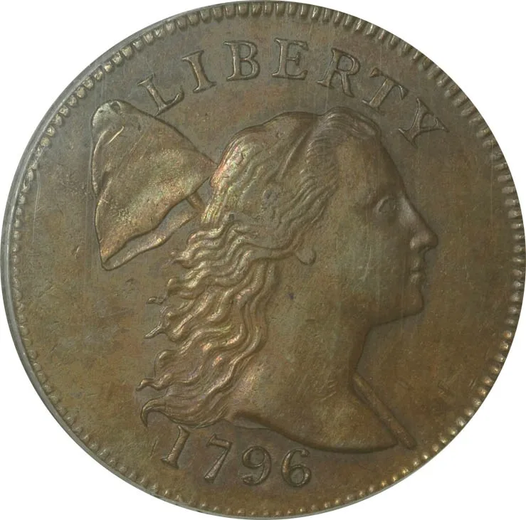 Obverse of a 1796 Liberty Cap large cent with the cap on a pole, glossy brown surfaces and LIBERTY spelled normally above the head