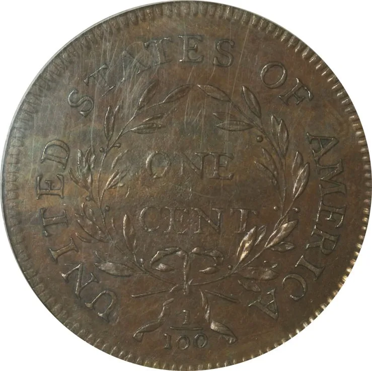 Reverse of a 1796 Liberty Cap large cent showing ONE CENT in an open wreath with the fraction 1/100 below the bow