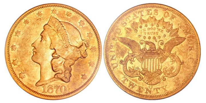 Both sides of an 1870 Liberty Head double eagle, the obverse dated 1870 and the reverse carrying IN GOD WE TRUST above the eagle with the denomination TWENTY D.