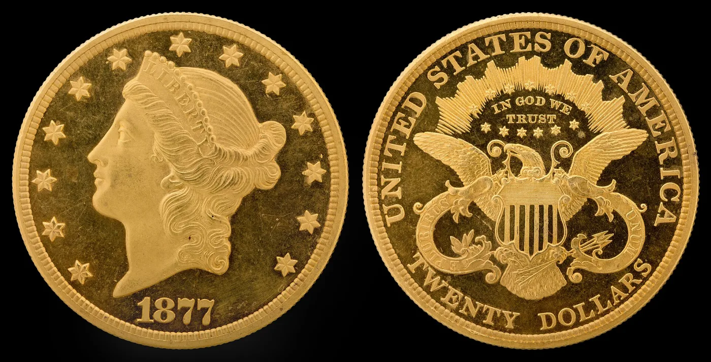 Obverse and reverse of an 1877 Liberty Head double eagle side by side, coronet Liberty above the date 1877 and a heraldic eagle reverse reading IN GOD WE TRUST and TWENTY DOLLARS