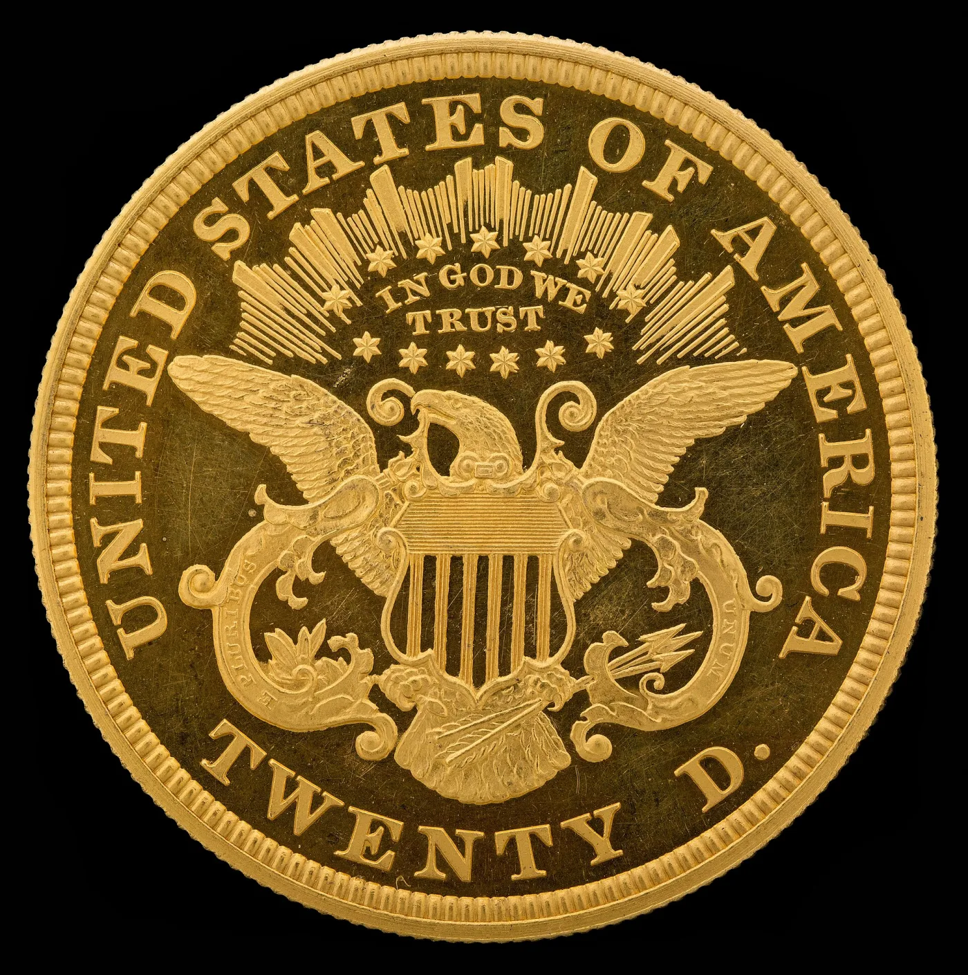 Type 2 Liberty Head double eagle reverse showing IN GOD WE TRUST on a scroll between the rays and the eagle, with the denomination still reading TWENTY D.