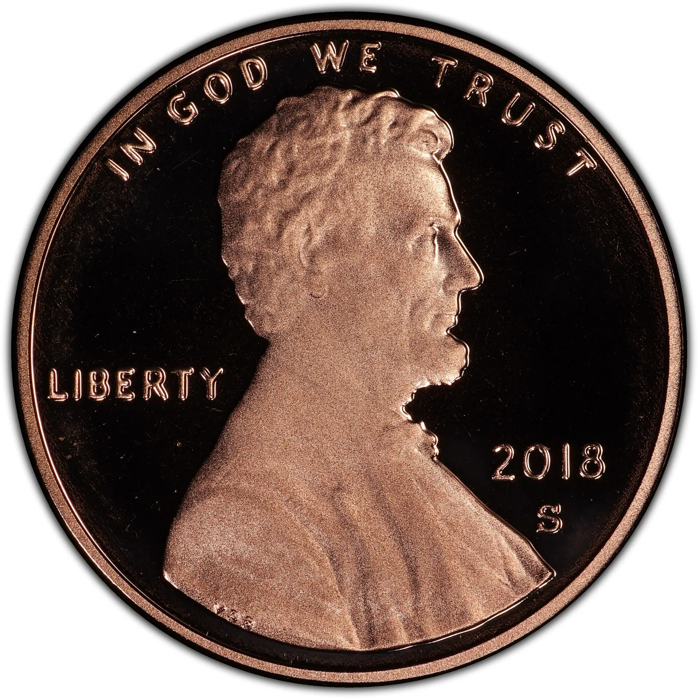 Obverse of a 2018-S proof Lincoln cent catalogued as deep cameo, a frosted portrait against a field that photographs black