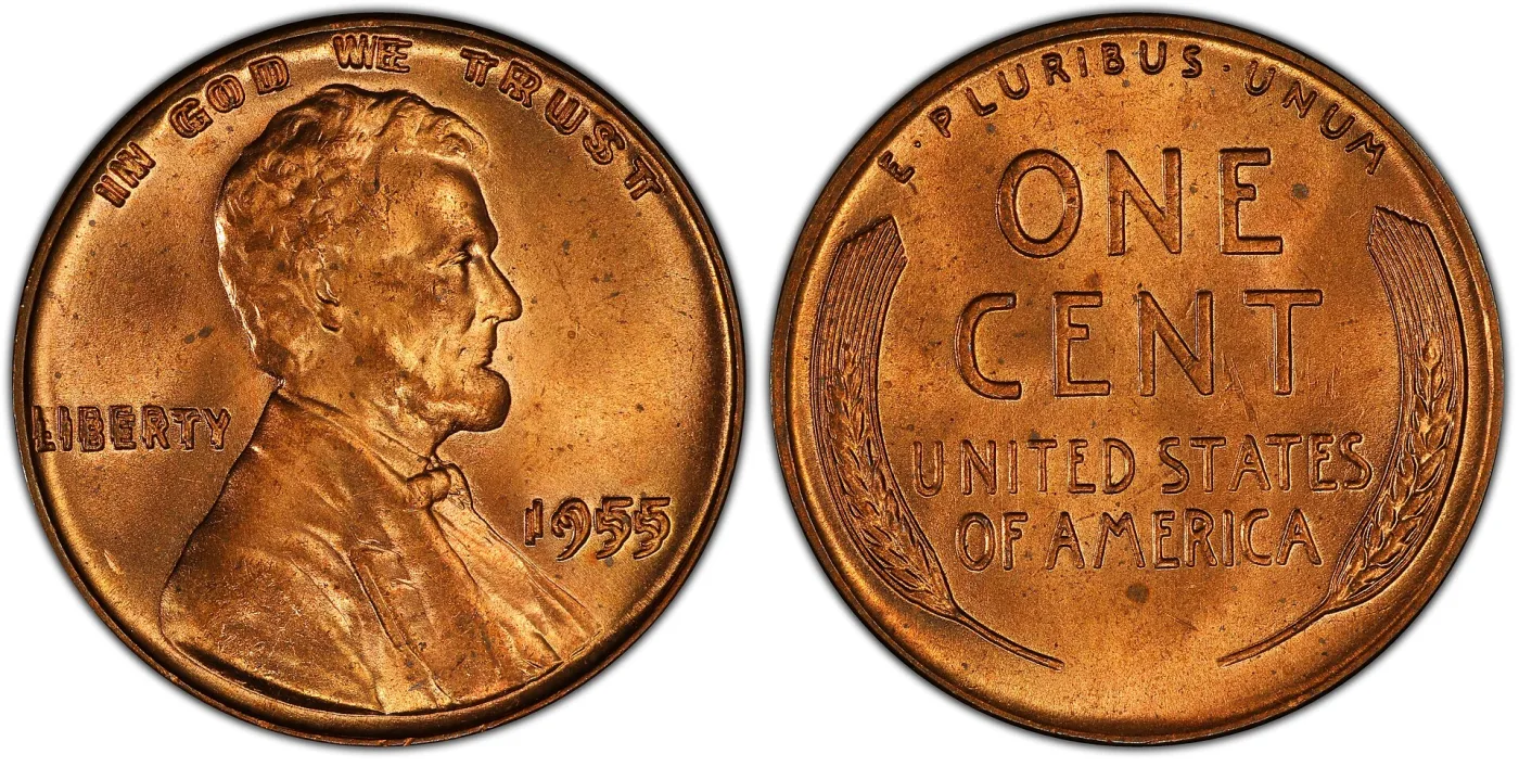 Obverse and reverse of a 1955 Doubled Die Obverse Lincoln cent, with doubling visible on IN GOD WE TRUST, LIBERTY and the date