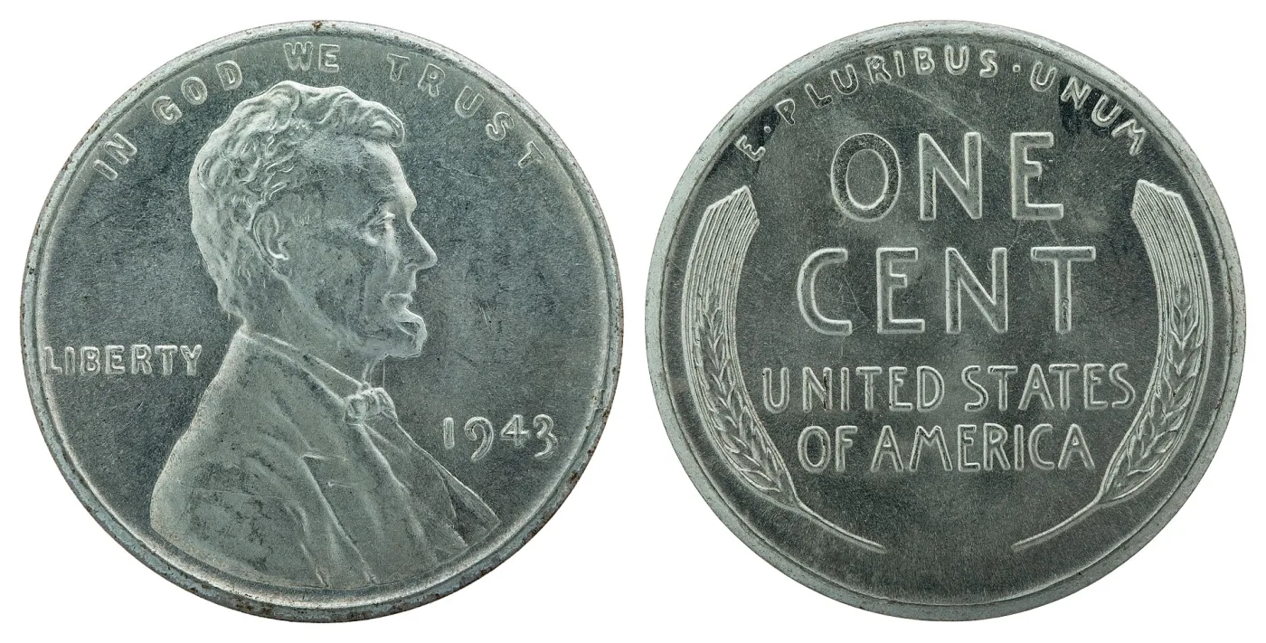 Obverse and reverse of a 1943 zinc-coated steel Lincoln cent, silver-gray rather than copper