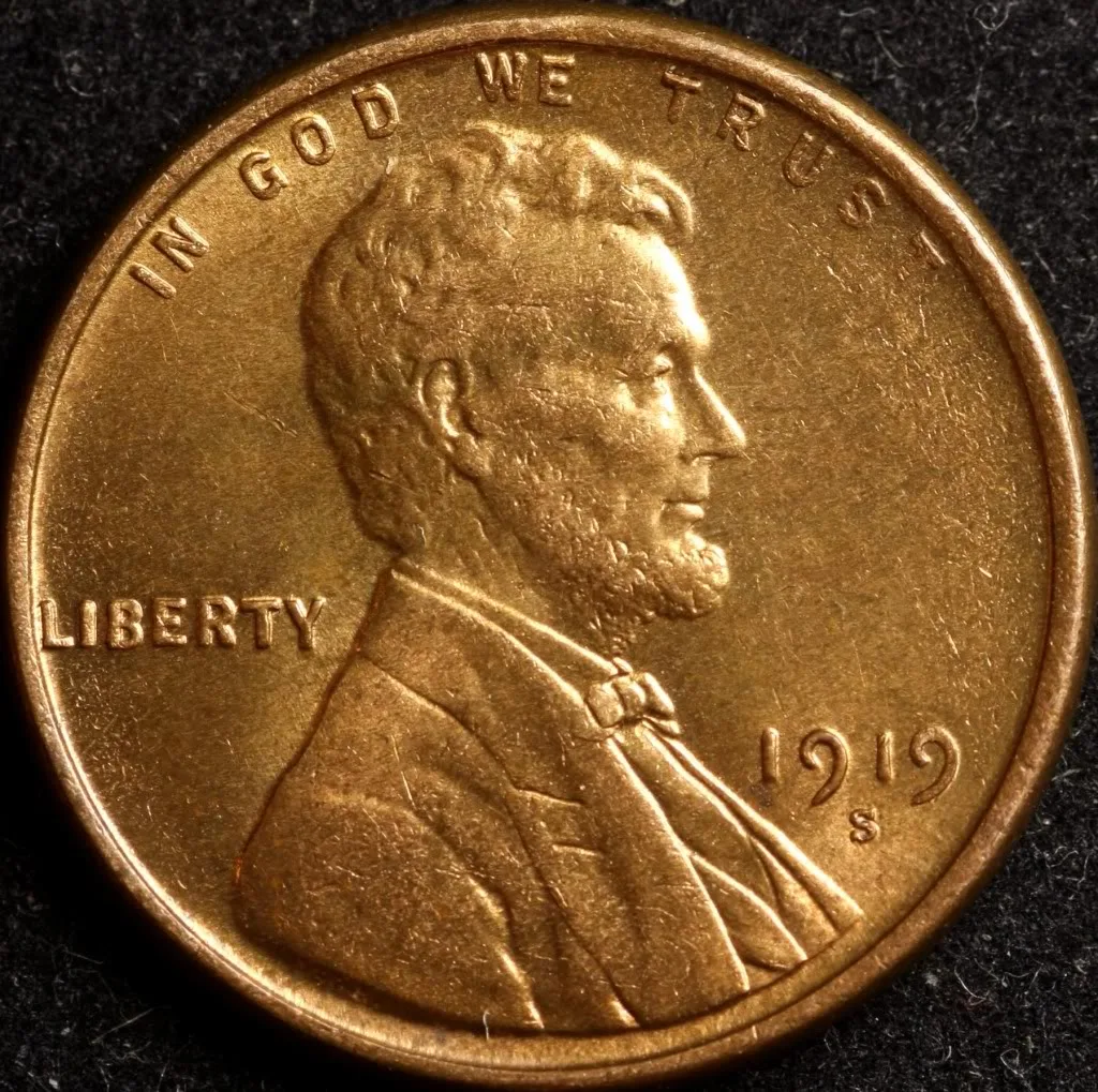 Obverse of a 1919-S Lincoln wheat cent with the S mint mark directly below the date
