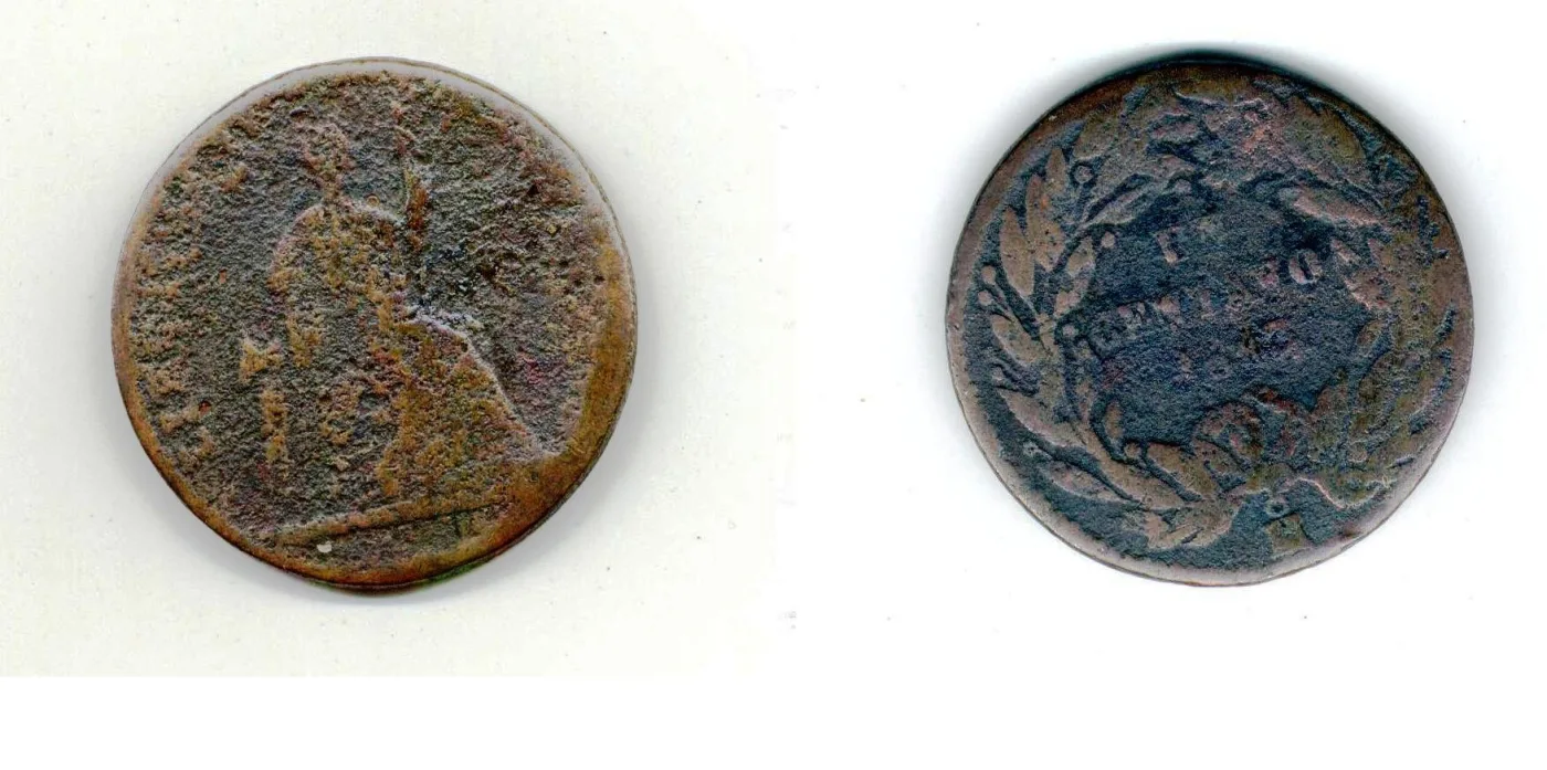 Obverse and reverse of a Mexican one centavo of 1863, a front-facing eagle on one side and the value in a wreath on the other