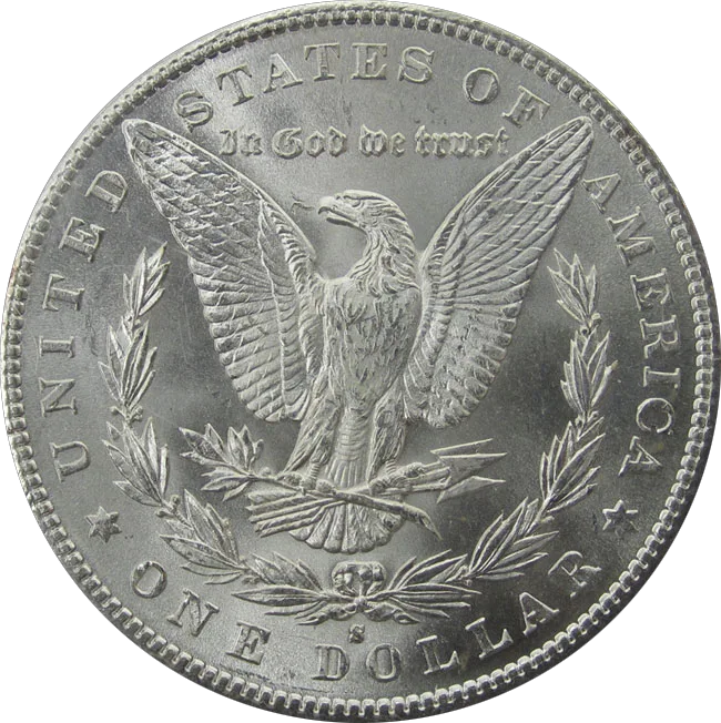 Reverse of an 1880-S Morgan silver dollar with a small S mint mark below the wreath bow