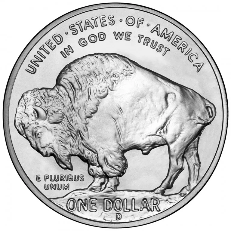 Reverse of a 2001 American Buffalo commemorative silver dollar showing a bison standing on a mound