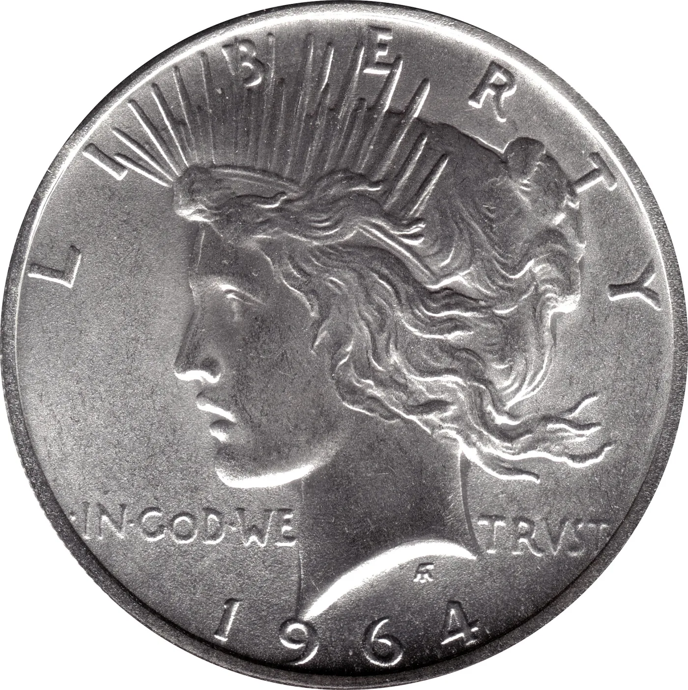 Obverse of a brilliant Peace dollar dated 1964, a restrike rather than an issued coin