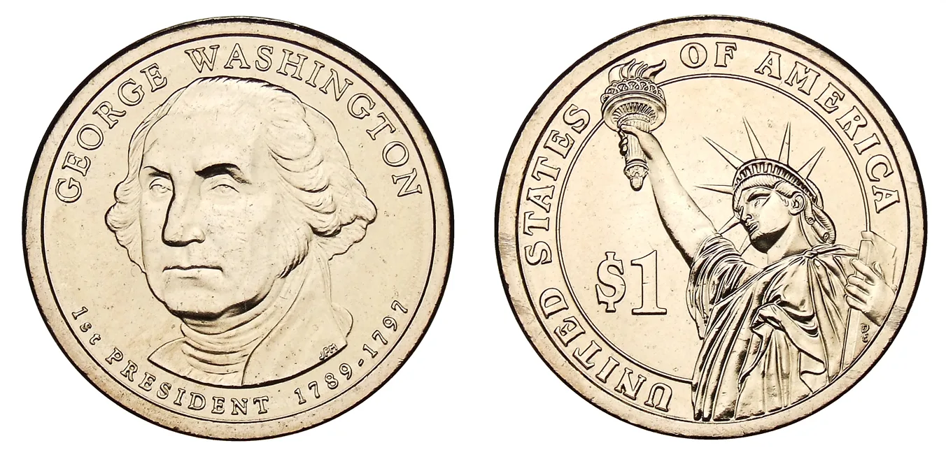 Obverse and reverse of a 2007 George Washington Presidential dollar side by side, the portrait with his name arched above on the left and the Statue of Liberty with $1 on the right