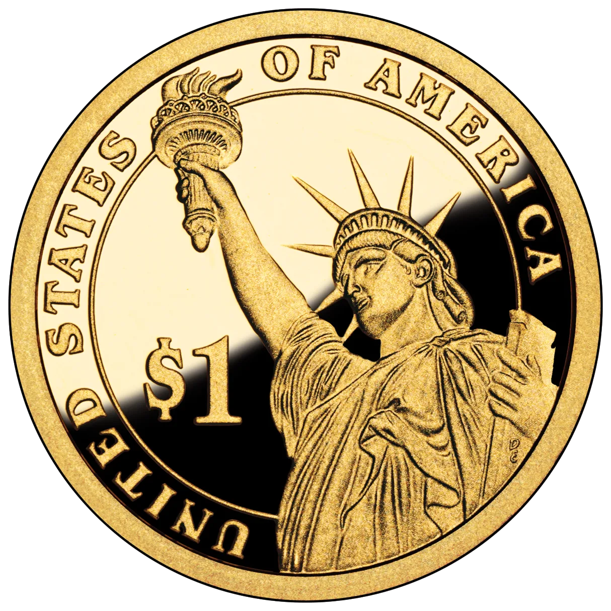 Reverse of a Presidential dollar, the Statue of Liberty holding her torch aloft with UNITED STATES OF AMERICA curving around the top and $1 in the field at the left