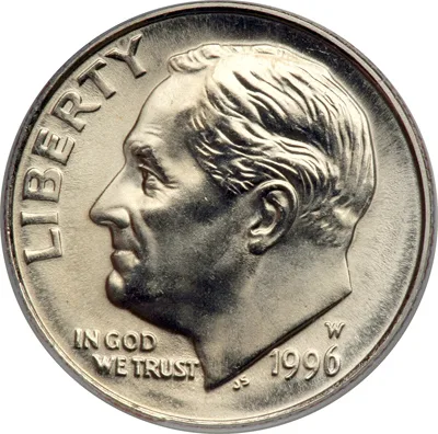 Obverse of a 1996-W Roosevelt dime with the W mint mark above the date