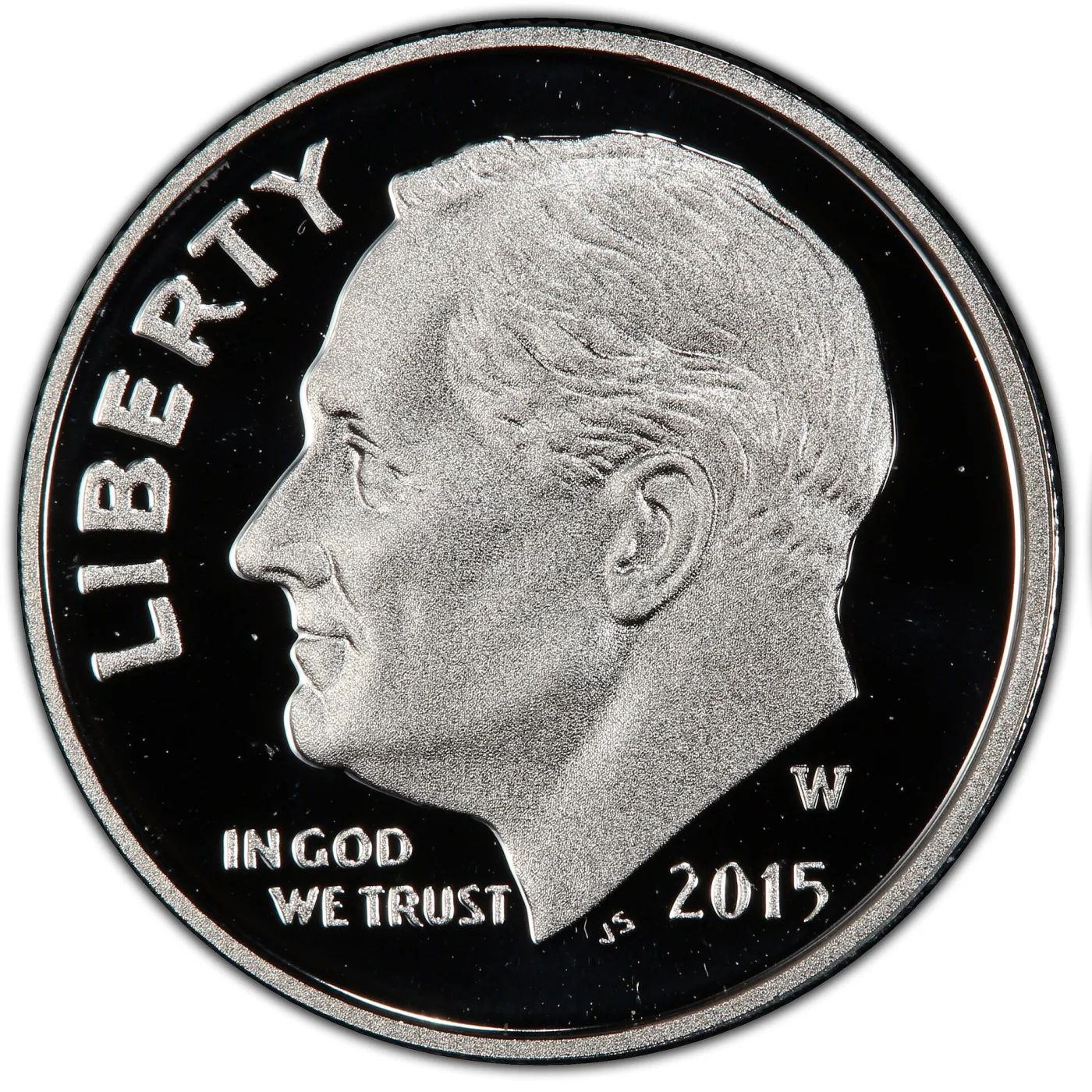 Obverse of a 2015-W proof Roosevelt dime showing LIBERTY around the left rim, IN GOD WE TRUST split by the neck truncation, the JS initials, the date at lower right and a W mint mark above it