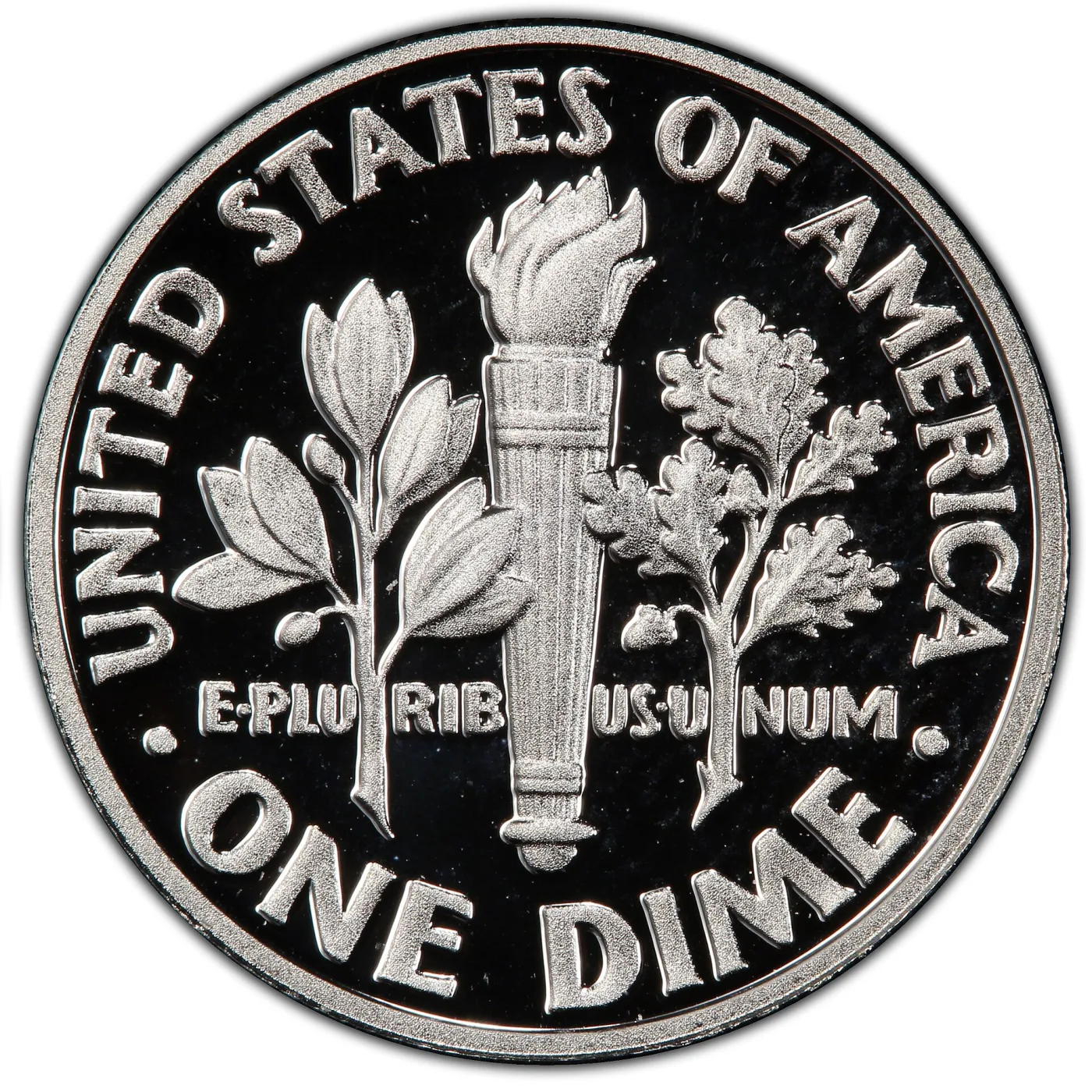 Reverse of a 2015 proof Roosevelt dime showing both pairs of horizontal bands on the torch fully separated