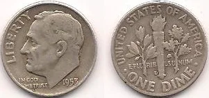 Obverse and reverse of a 1953 silver Roosevelt dime with a D mint mark to the left of the torch base