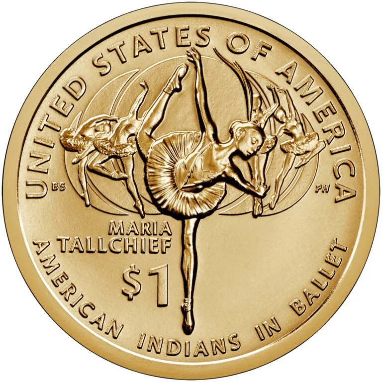 Reverse of the 2023 Native American dollar, Maria Tallchief in arabesque with four dancers behind her and AMERICAN INDIANS IN BALLET around the lower rim