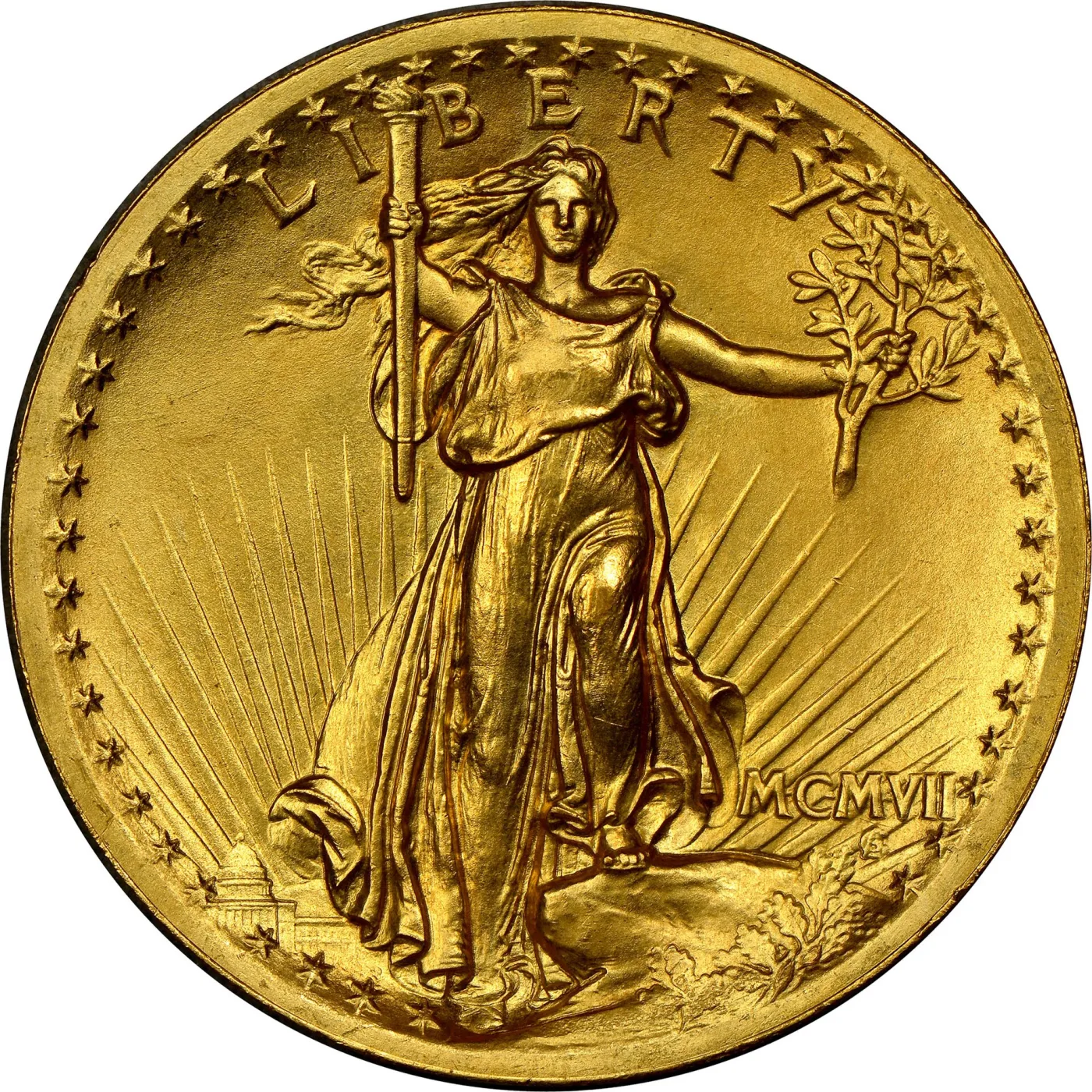 Obverse of a Saint-Gaudens double eagle dated MCMVII in Roman numerals, Liberty striding forward with a raised torch and an olive branch, sun rays behind her and the Capitol dome at lower left