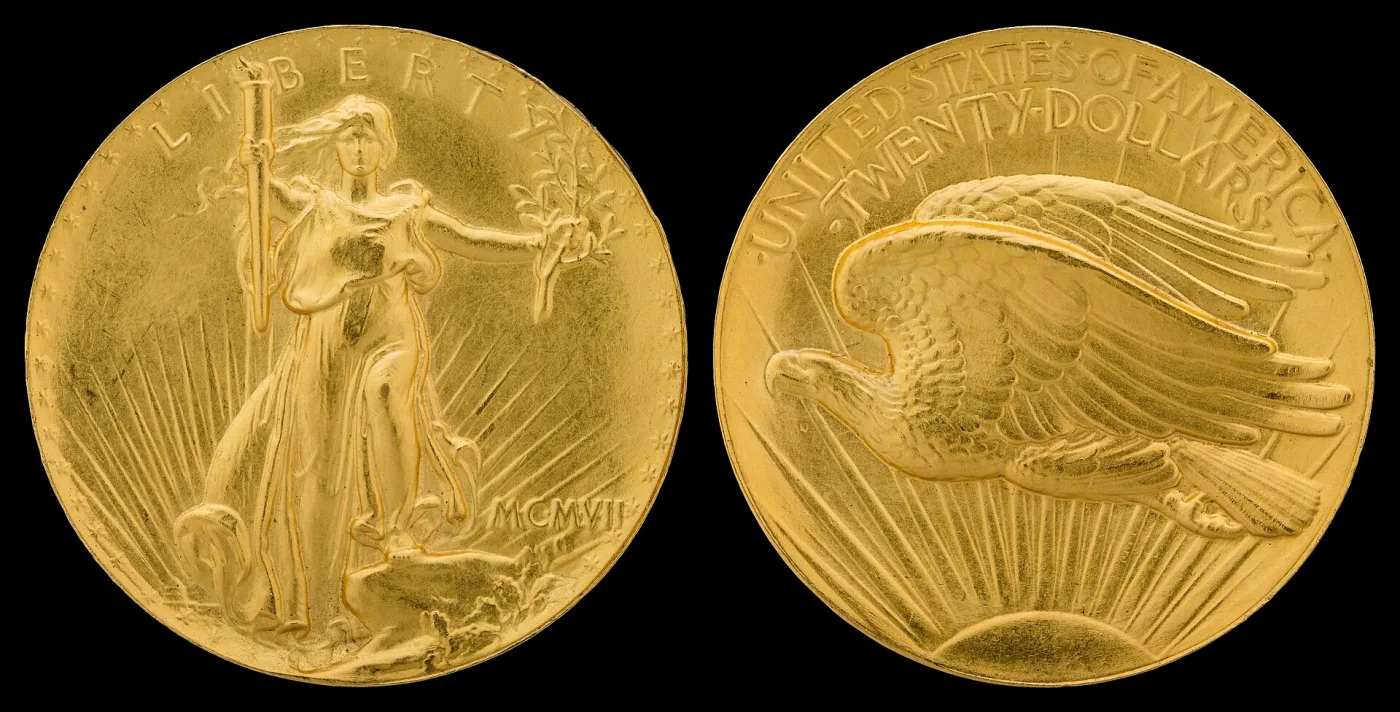 Obverse and reverse of a 1907 Saint-Gaudens double eagle dated MCMVII struck in extremely deep relief, with a fine wire of metal standing proud at the rim