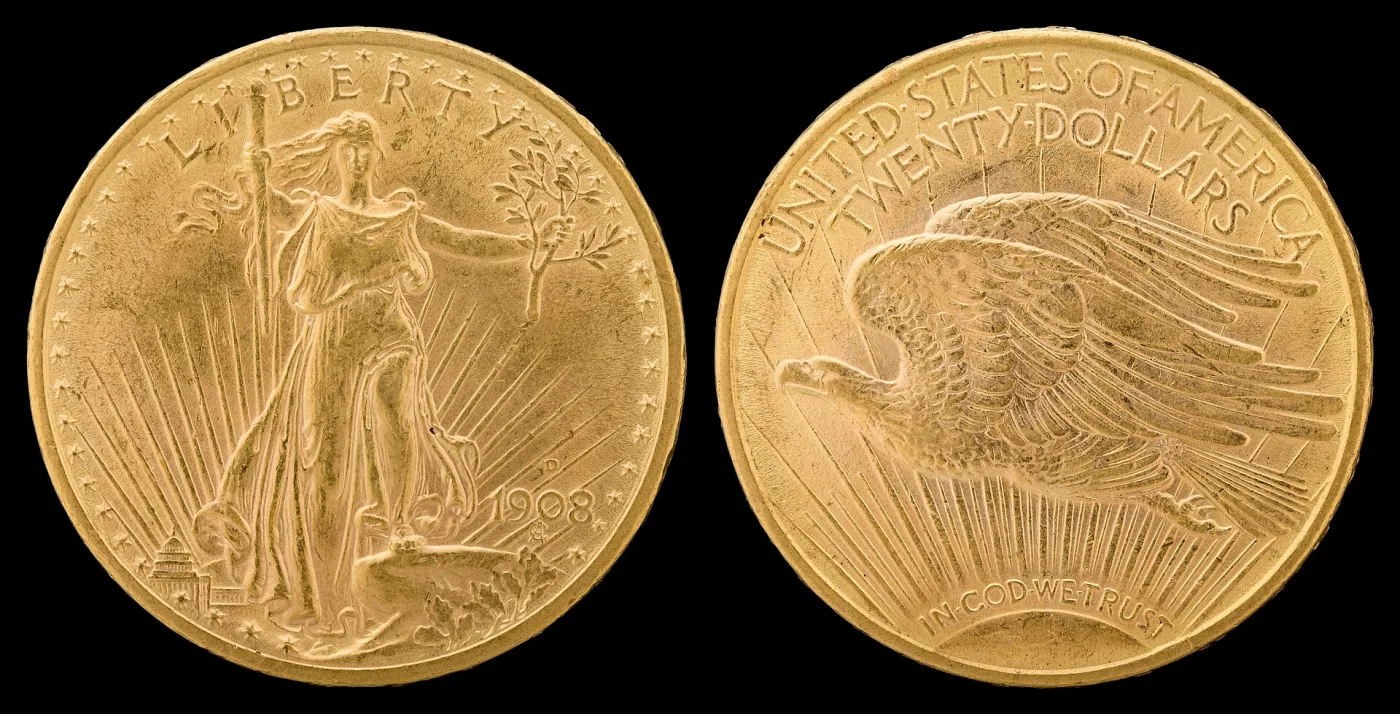 Obverse and reverse of a 1908-D Saint-Gaudens double eagle, a small D mint mark above the date and IN GOD WE TRUST arcing across the rays on the reverse