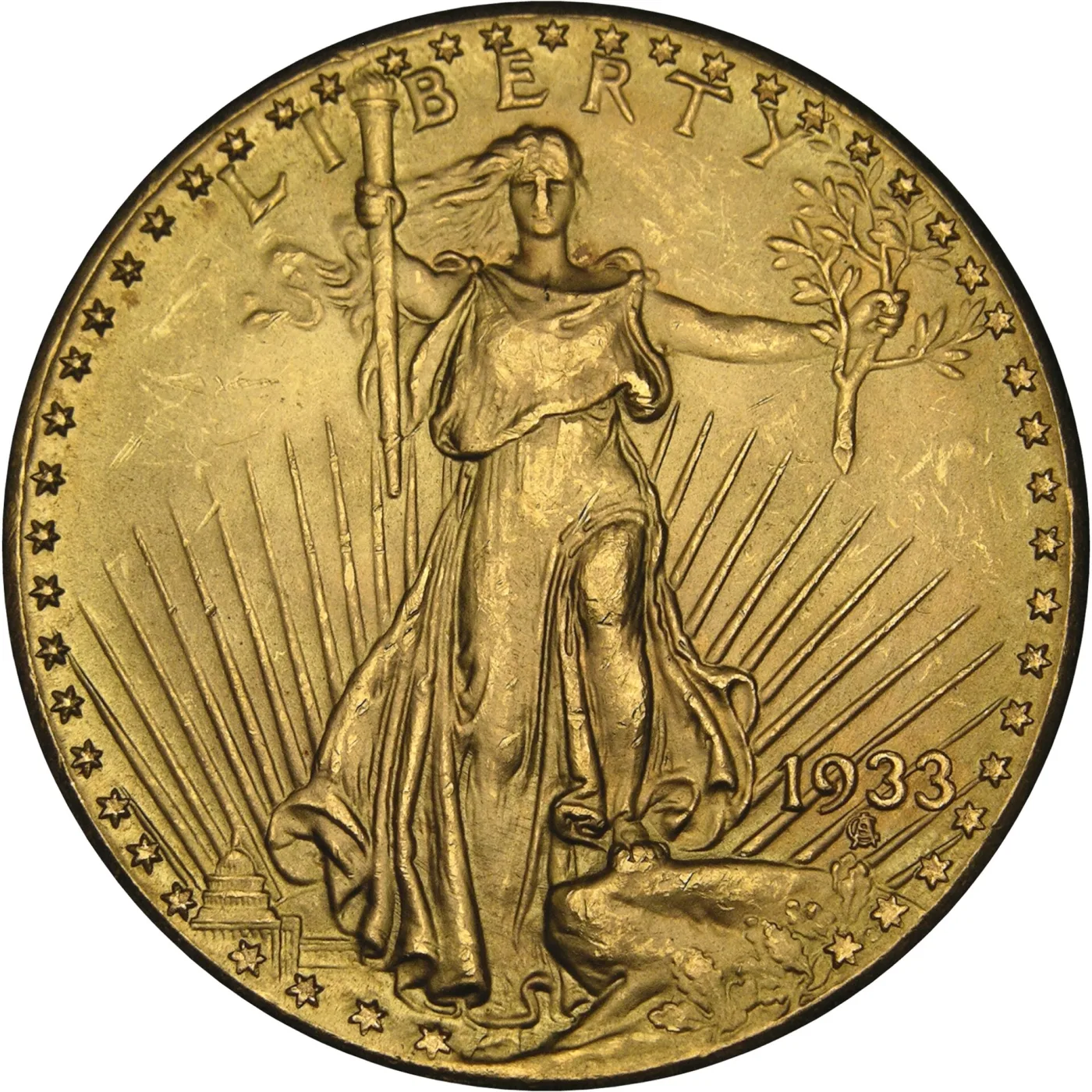 Obverse of a 1933 Saint-Gaudens double eagle in low relief, the date 1933 at the lower right with the designer's monogram just below it and no mint mark above it