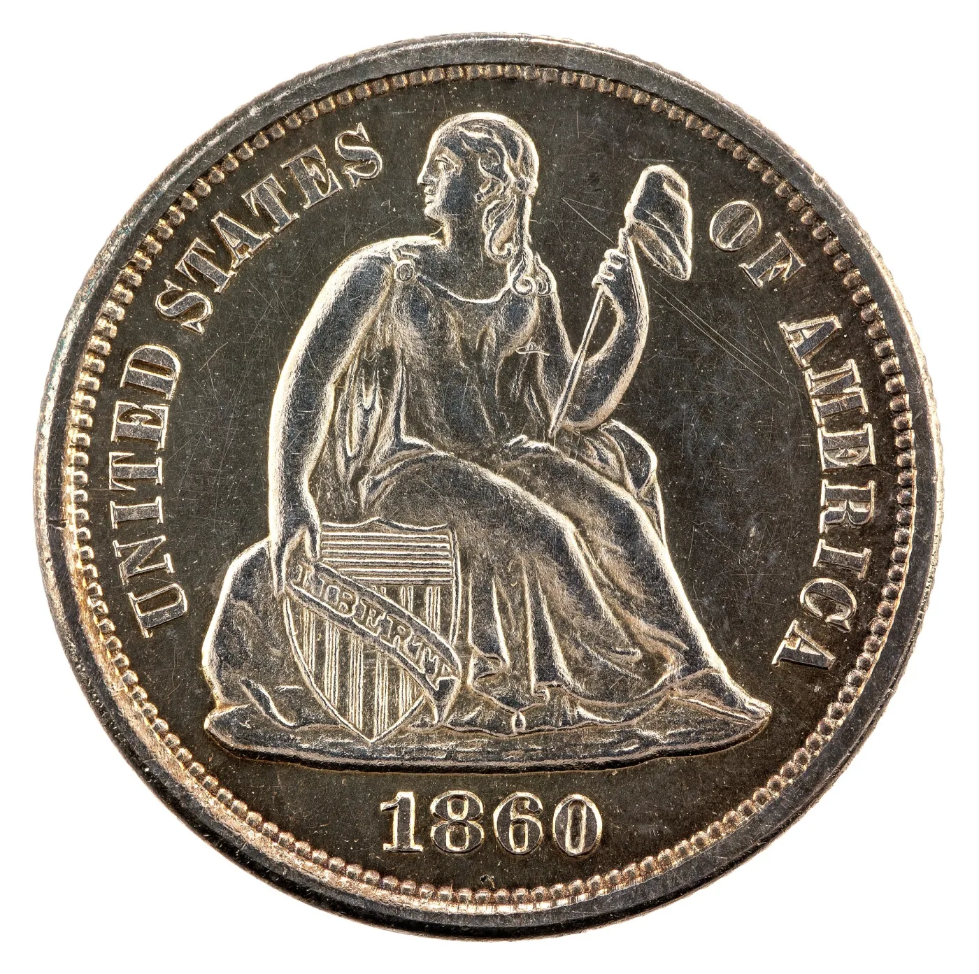Obverse of an 1860 Seated Liberty dime showing Liberty seated on a rock, her right hand steadying a shield inscribed LIBERTY, a capped pole in her left hand, UNITED STATES OF AMERICA arched around her and the date 1860 below