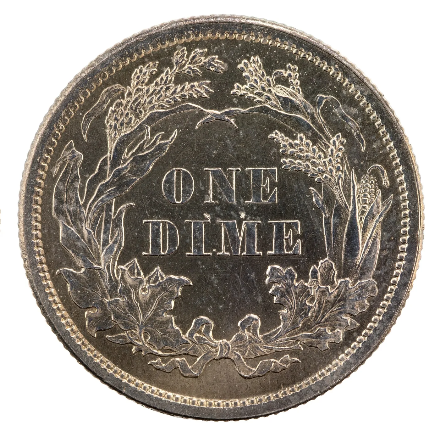 Reverse of an 1860 Seated Liberty dime showing ONE DIME inside a large cereal wreath of corn, wheat, oak and maple, with no legend around the rim
