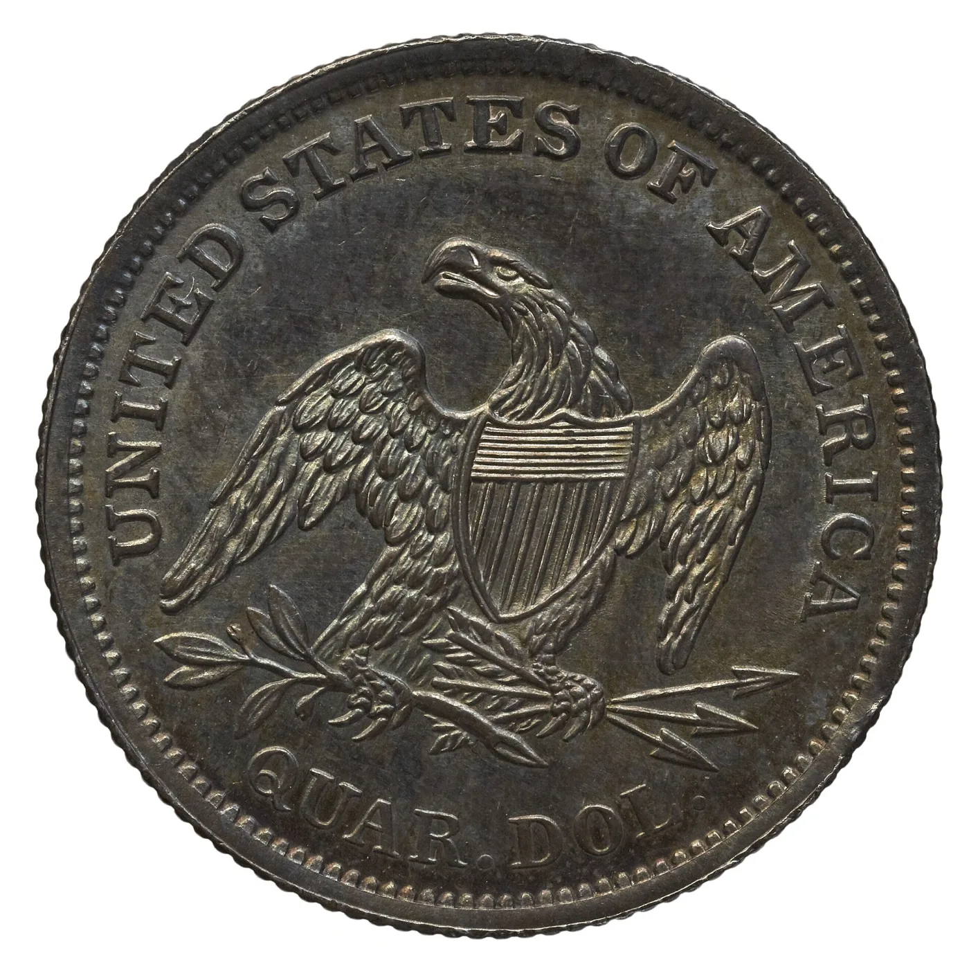 Reverse of an 1839 Seated Liberty quarter showing the heraldic eagle with a striped shield, an olive branch in the talon on the left and three arrows on the right, an empty field above the eagle's head and QUAR. DOL. below