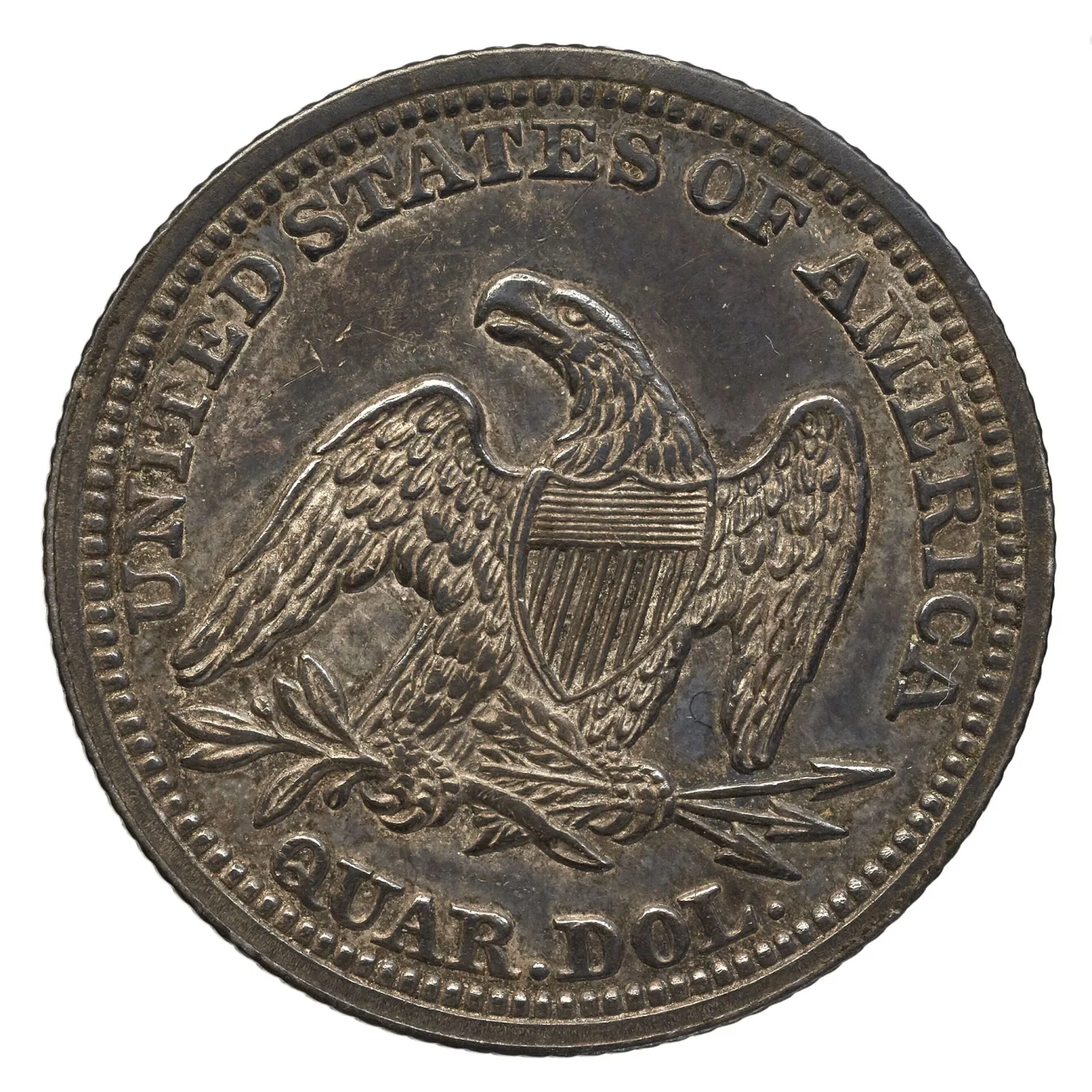 Reverse of an 1850 Seated Liberty quarter with a bare field above the eagle's head, no motto scroll and QUAR. DOL. below