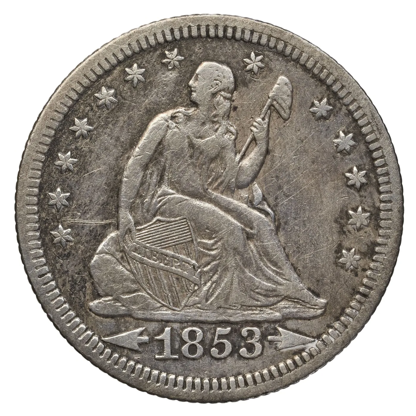 Obverse of an 1853 Seated Liberty quarter with an arrow on each side of the date, both arrowheads pointing outward toward the rim, and 1853 in the exergue