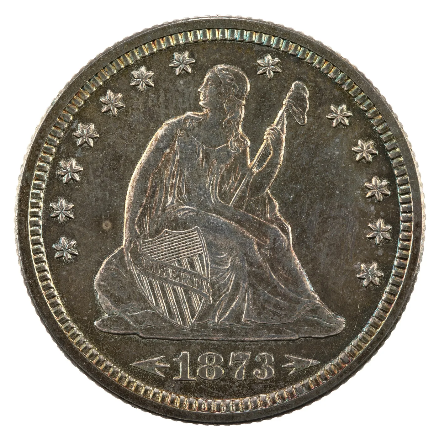 Obverse of an 1873 Seated Liberty quarter with arrows flanking the date, both arrowheads pointing outward, and 1873 in the exergue