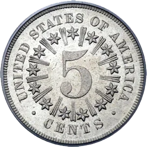 With Rays reverse of an 1867 Shield nickel, showing pairs of rays radiating outward between each adjacent pair of the thirteen stars