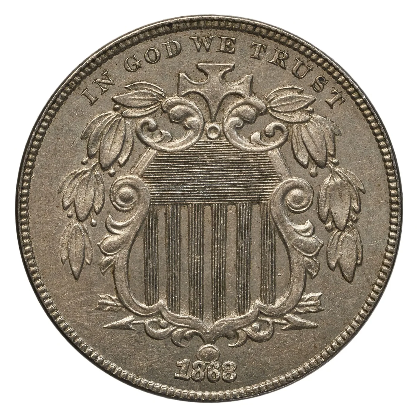 Obverse of a second 1868 Shield nickel with every letter of IN GOD WE TRUST fully raised and sharp
