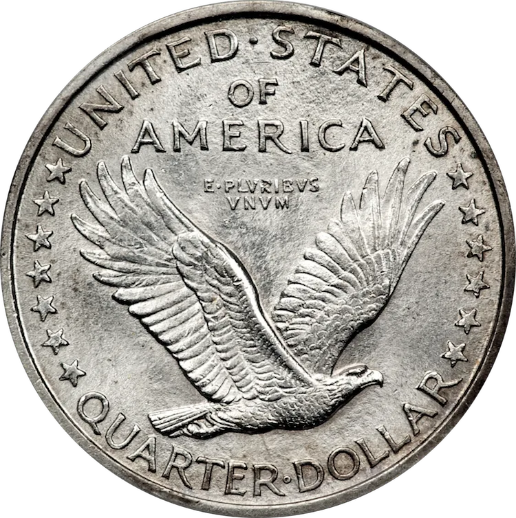 Reverse of a 1917 Type 1 Standing Liberty quarter with the eagle flying low across the field and all thirteen stars arranged around the sides