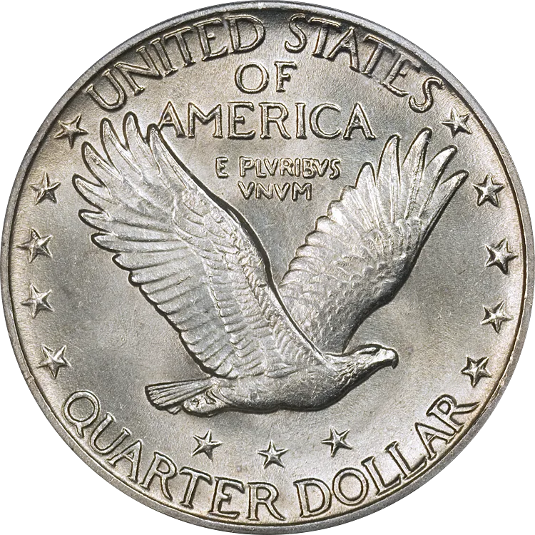 Reverse of a 1924-D Type 2 Standing Liberty quarter with the eagle raised in the field and three stars set below it