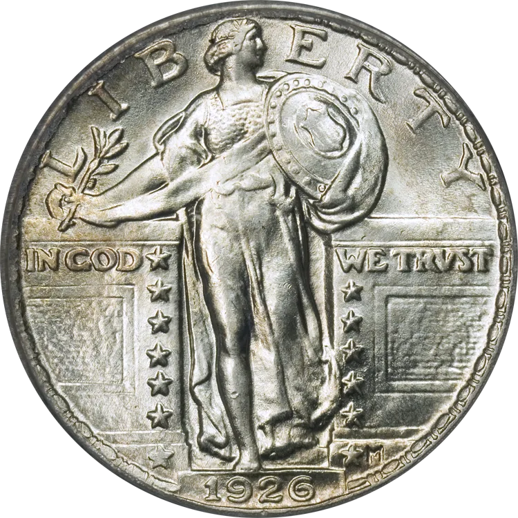 Obverse of a 1926 Standing Liberty quarter showing the recessed date sunk into a shallow depression in the pedestal below Liberty's feet