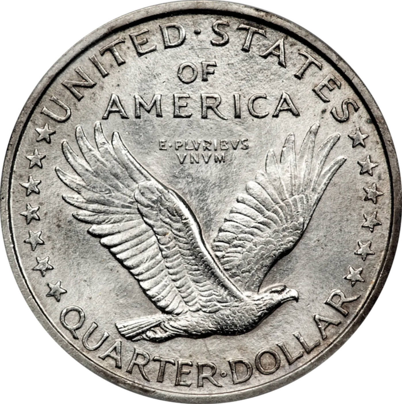Type 1 reverse of a 1917 Standing Liberty quarter, eagle flying low with all thirteen stars around the sides and none beneath the eagle