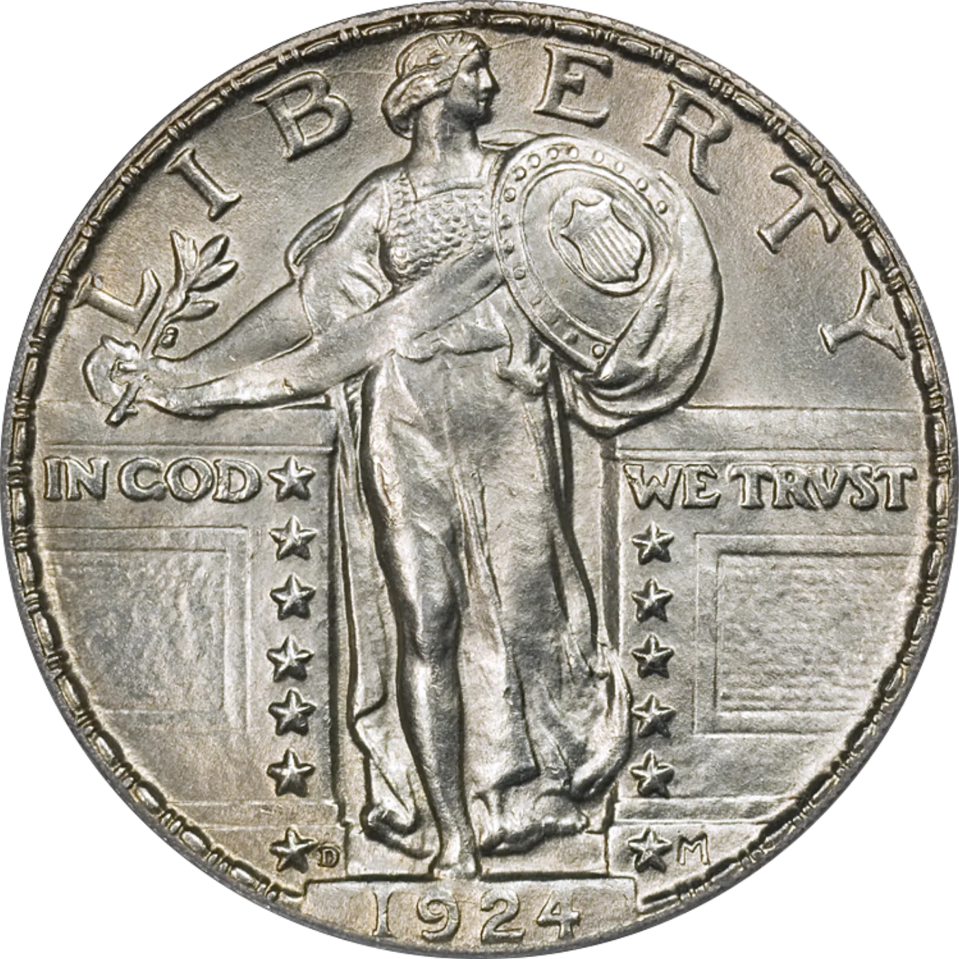 Obverse of a 1924-D Type 2 Standing Liberty quarter showing the chain mail mesh across Liberty's chest and a D mint mark left of the date