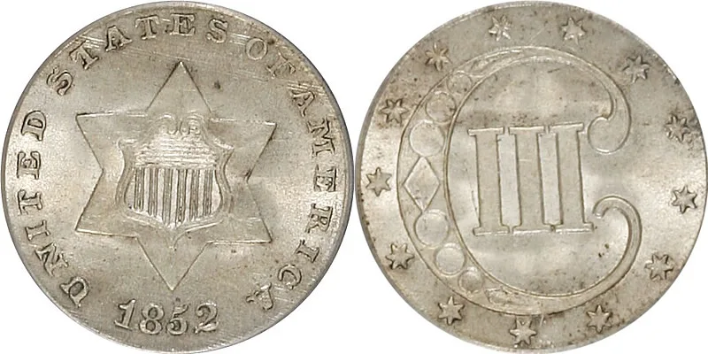 Obverse and reverse of an 1852 Type 1 silver trime, with a single line outlining the star and no sprig or arrows on the reverse