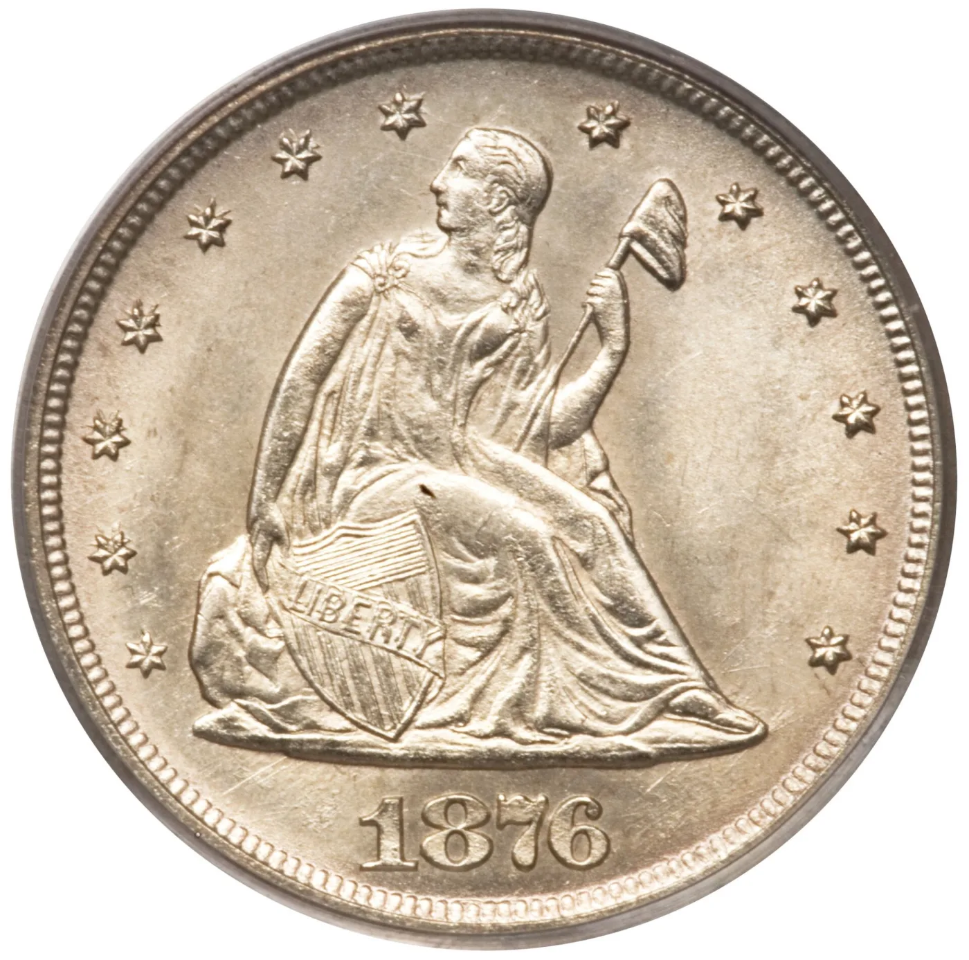 Obverse of an 1876-CC twenty cent piece, Liberty seated on a rock with her right hand on a shield lettered LIBERTY and a capped pole in her left hand, thirteen stars around the rim