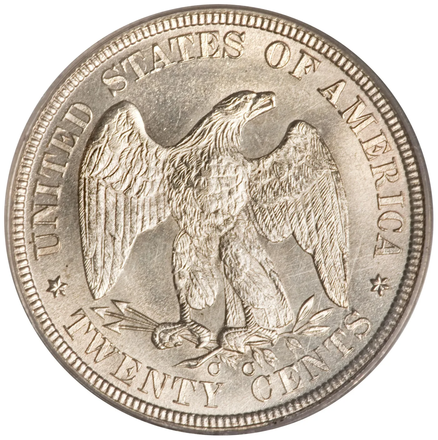 Reverse of an 1876-CC twenty cent piece, the two letters of the CC mint mark in the field below the eagle's tail, above the space between the words TWENTY and CENTS