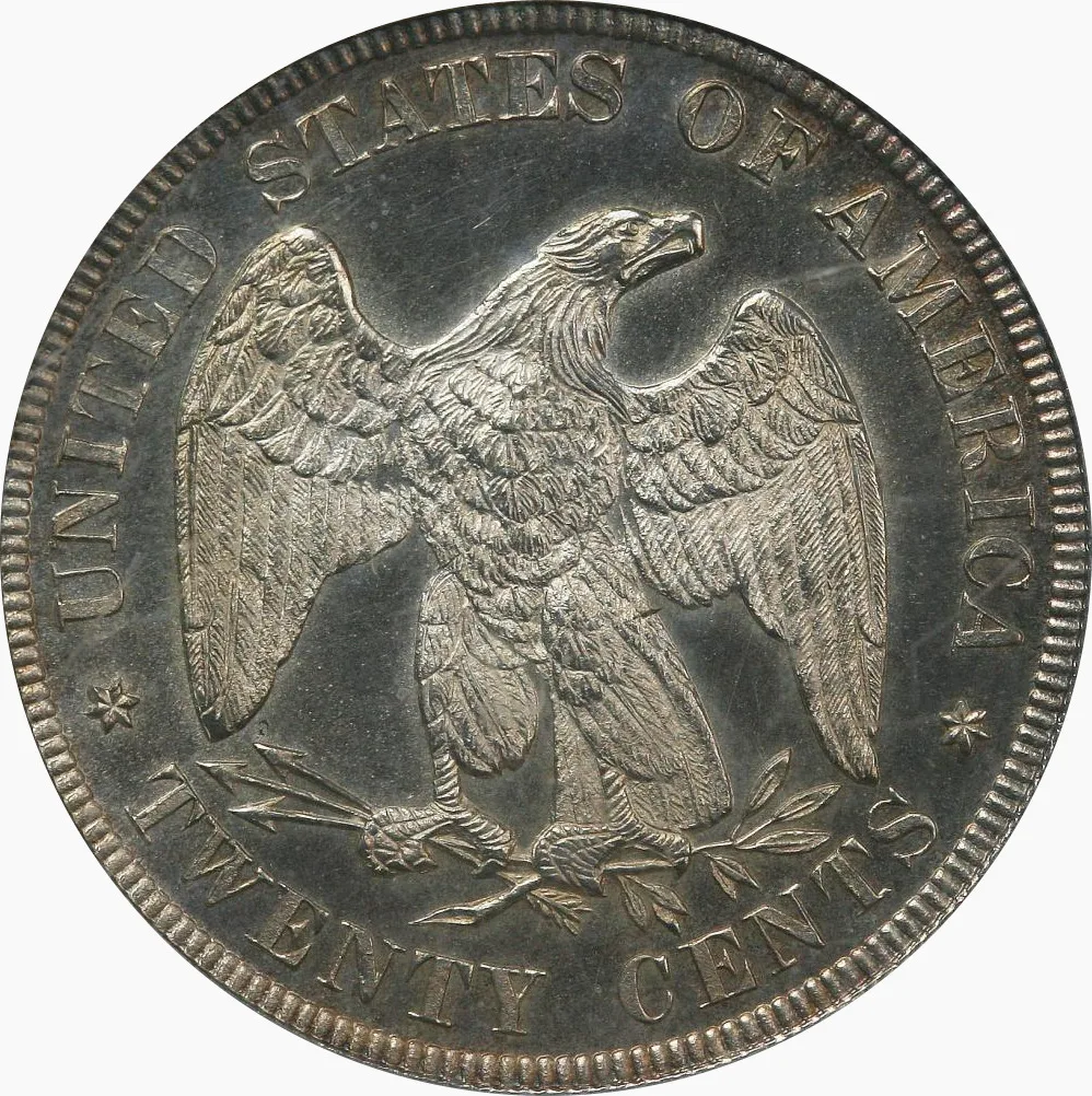 Reverse of an 1876 Philadelphia proof twenty cent piece, a heraldic eagle with arrows in the talon at the viewer's left and an olive branch at the viewer's right, a star in the field on each side