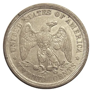 Reverse of the same circulated 1875 twenty cent piece, the words TWENTY CENTS still legible below the eagle with no mint mark